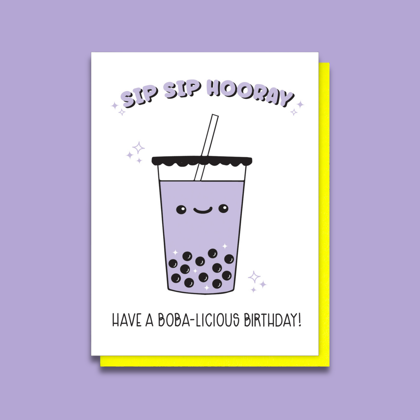 Funny Boba Birthday Letterpress Card | Sip Sip Hooray | Taro Bubble Tea | kiss and punch