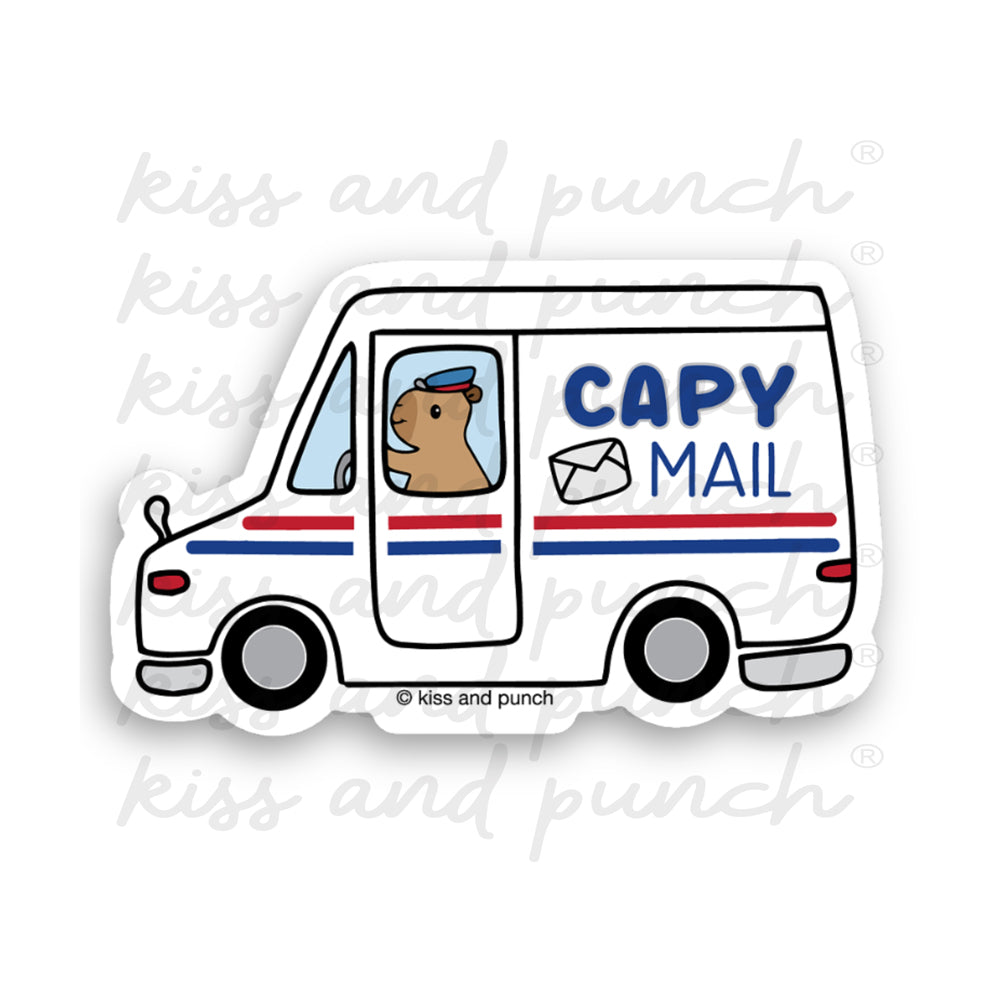 NEW! 3 Inch Cute Capybara Postal Truck Vinyl Sticker - Capy Mail Diecut - Kiss and Punch