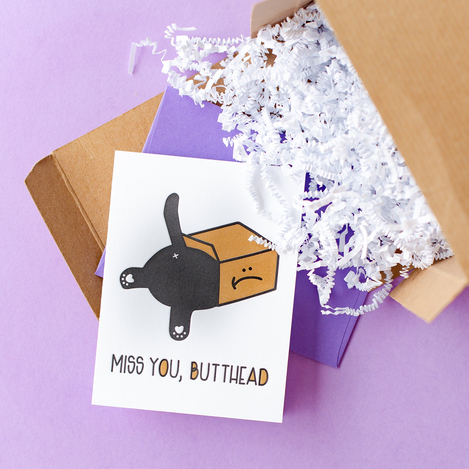 Funny Miss You Letterpress Card - Miss You Butthead - Cat in a Box - Black Cat Card - Kiss and Punch