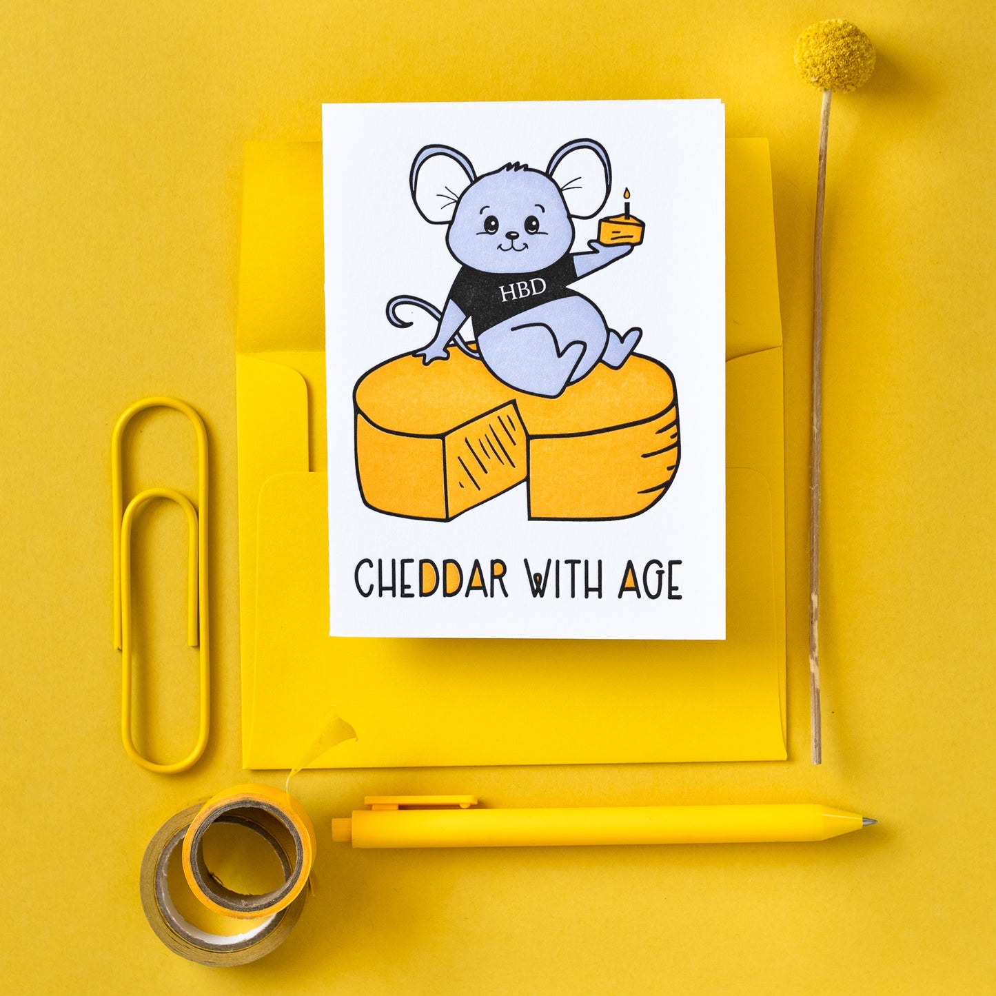 Funny Mouse Cheddar with Age Pun Letterpress Birthday Card