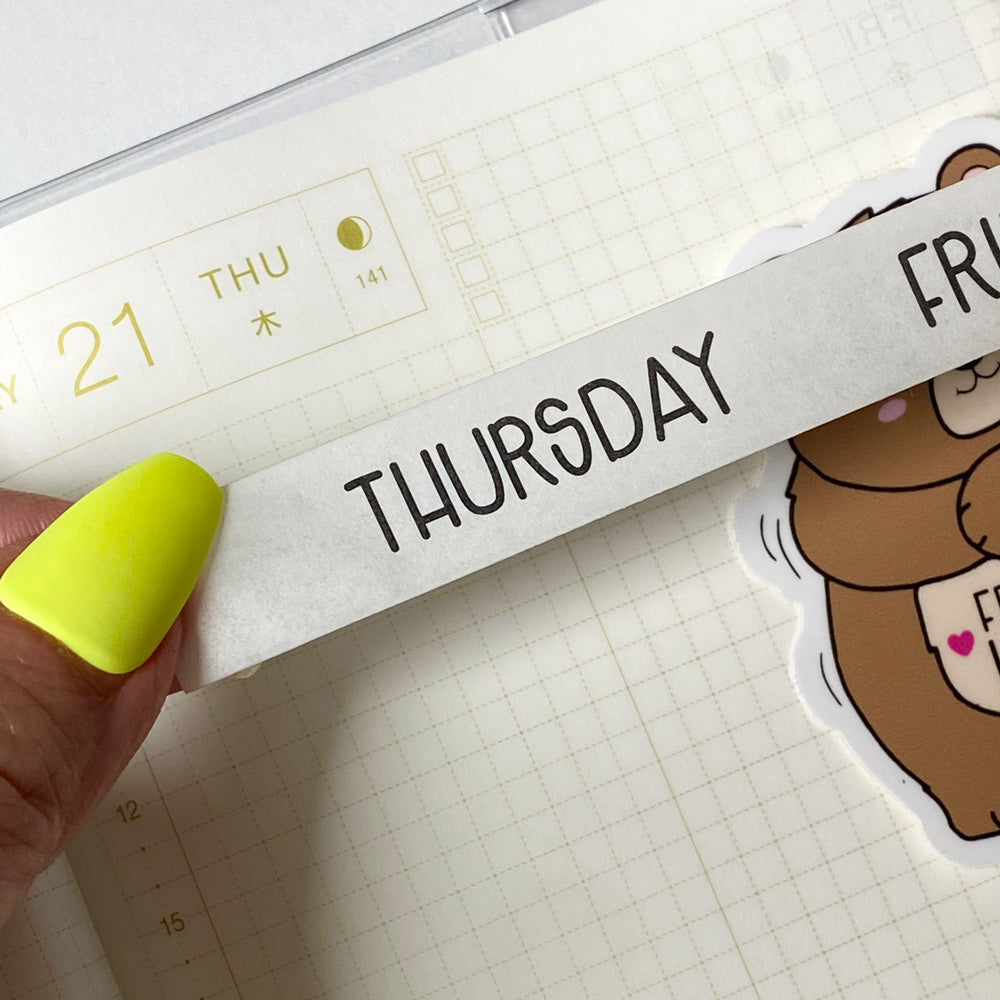 NEW! Cute Handwritten Days of the Week Washi Tape - Planner Journal Decoration - Paper Tape - Kiss and Punch