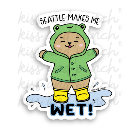 NEW! Funny Seattle Makes Me Wet Vinyl Sticker - Cute Bear in Froggie Raincoat- 3 Inch