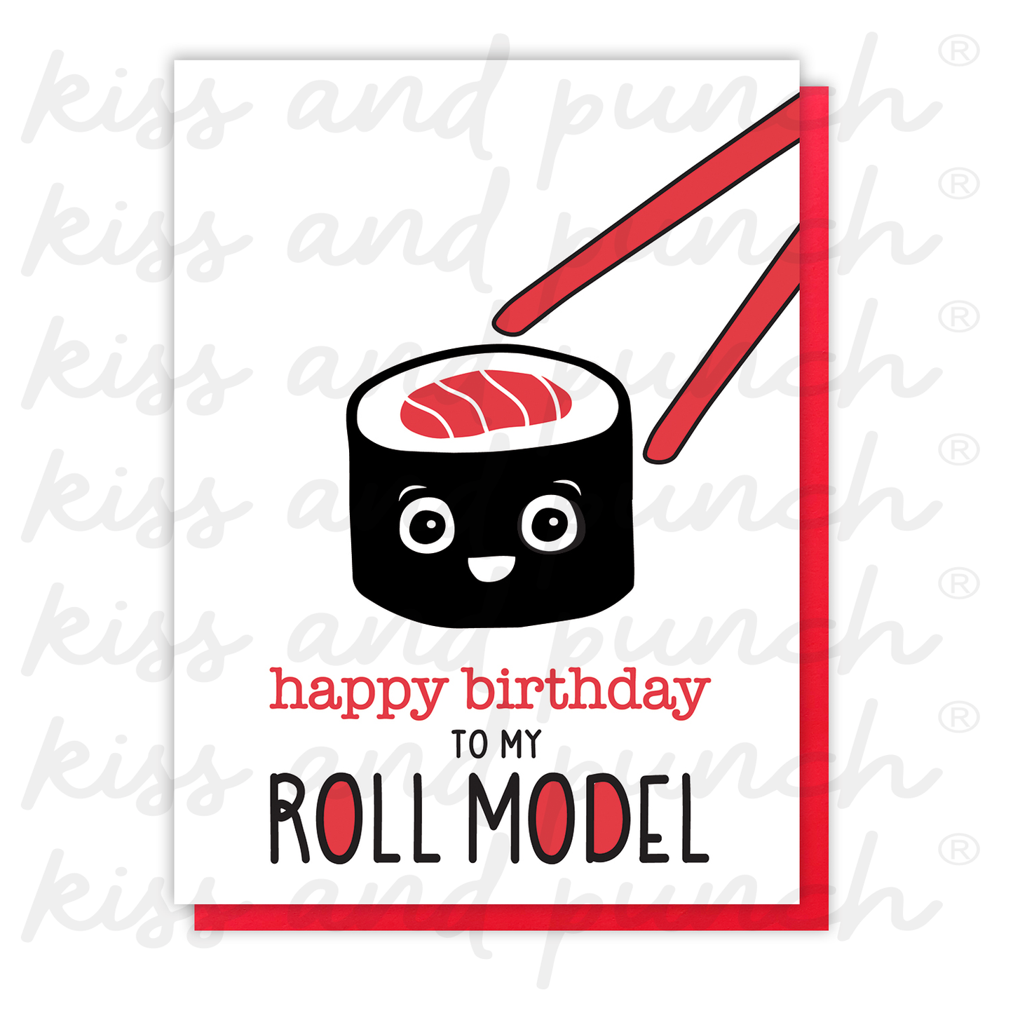 Funny Sushi Letterpress Birthday Card | Roll Model | Pun | kiss and punch