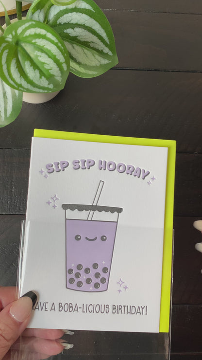 NEW! Funny Boba Birthday Letterpress Card | Sip Sip Hooray | Taro Bubble Tea | kiss and punch