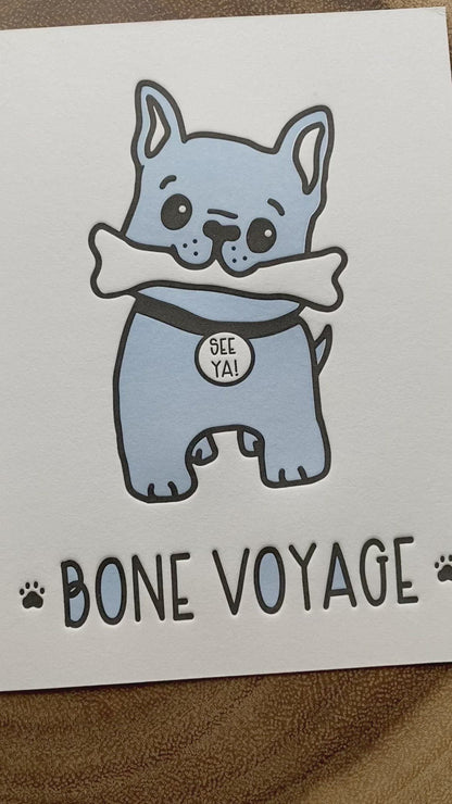 Funny Goodbye Letterpress Card | Frenchie Bulldog | Bone Voyage Pun | kiss and punch