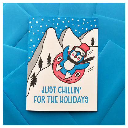 REDESIGN! Fun Chillin' Holiday Tubing Penguin Letterpress Card | kiss and punch - Kiss and Punch